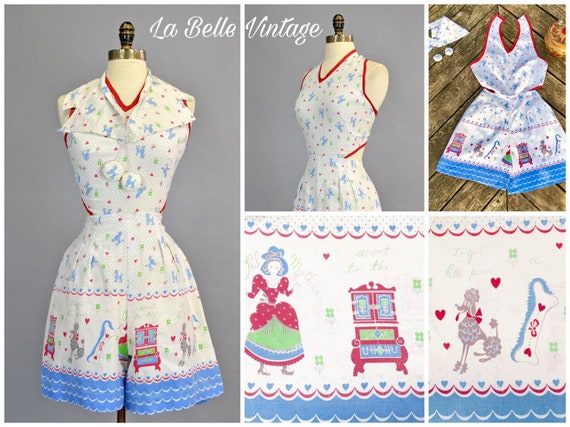 Novelty Print 1930s Beach Playsuit S Vintage Halte