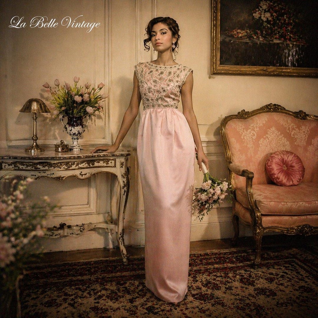 vintage beaded evening dress 1960s Victoria Royal Silk Gown ~ Pink Rhinestone Pearl ~ British Hong Kong Couture ~ Makoff Exclusive provencal Shiny Black Quinceanera Dresses Size:Adult XS Pageant Size