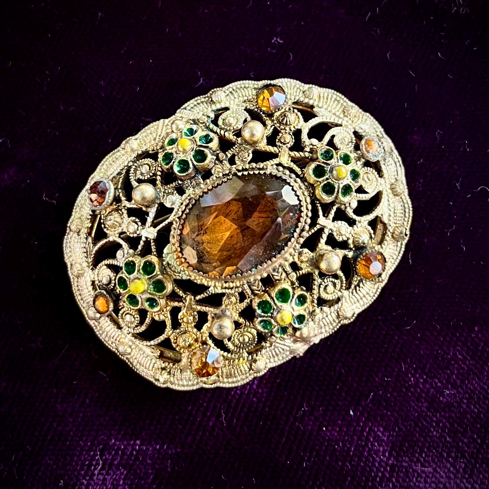 Broche Ancienne En Vermeil (argent Doré) - Forme Trèfle Avec Citrine Naturelle - Bijou Antique Occasion