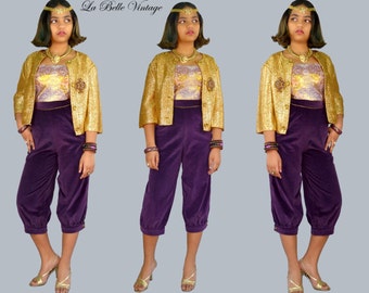 Purple Velvet Harem Pants ~ Vintage High Waist Genie Pants ~ Gold Trim Cropped Capris