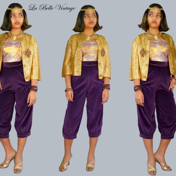 Purple Velvet Sarouel ~ Vintage taille haute pantalon de génie ~ bordure dorée recadrée Capris