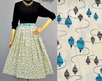 Vintage Novelty Skirt S ~ 1950s Printed Silk ~ 50s Spinning Tops Midcentury Atomic Print
