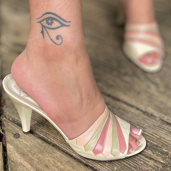 Pastel Leather Stripe Stilettos US 8 ~ Vintage Ivory High Heel Slides ~ Garolini Mes Amis Made in Italy Shoes ~ Deadstock