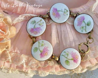 Gold Vermeil Sterling Bracelet ~ Vintage 1920’s Hand Painted Pink Aster Milady Floral Bracelet