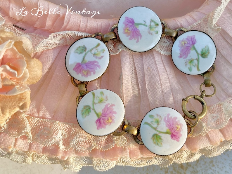 Gold Vermeil Sterling Bracelet Vintage 1920s Hand Painted Pink Aster Milady Floral Bracelet image 1