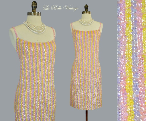 Gene Shelly Sequin Party Dress L Vintage 1960s Can