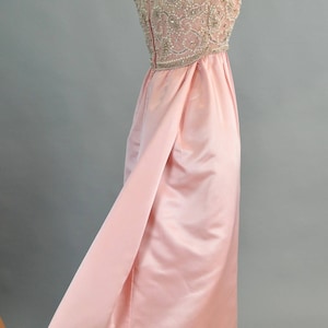 Extravagant Beaded Silk Bustle Gown XS S Vintage 1960s Pink Bejeweled Dress Rhinestone Pearls Makoff image 5