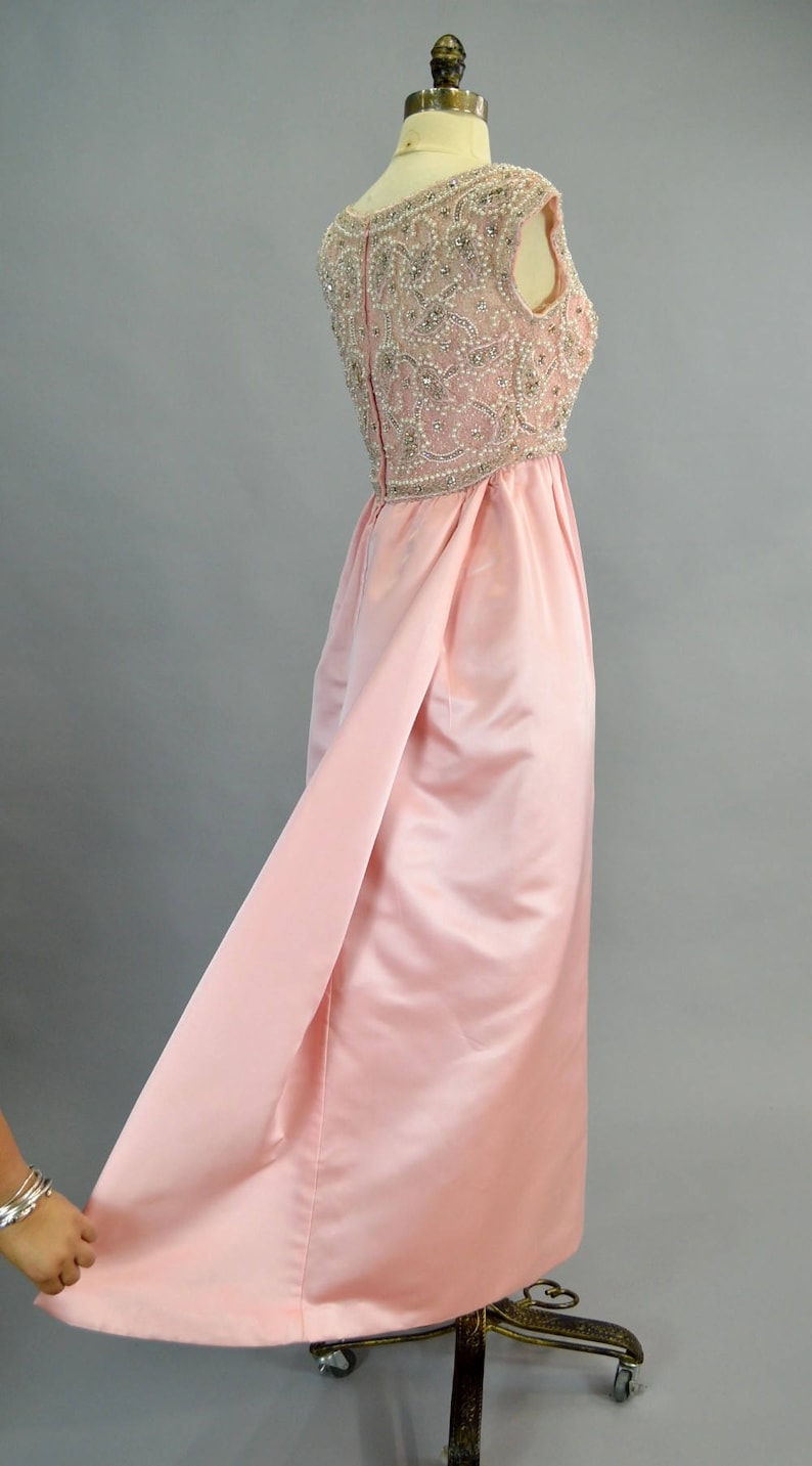 Extravagant Beaded Silk Bustle Gown XS S Vintage 1960s Pink Bejeweled Dress Rhinestone Pearls Makoff image 5