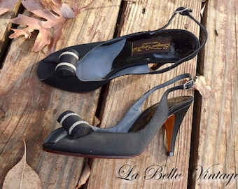 1950s Rhinestone Shoes US 5 ~ Vintage Pinup Slingback Peep Toes ~ Barefoot Originals Stiletto High Heels