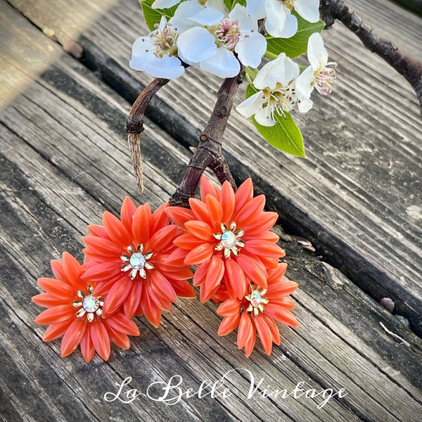 Coro Orange Floral Climbers ~ Vintage 1950s Large Soft Plastic Earrings