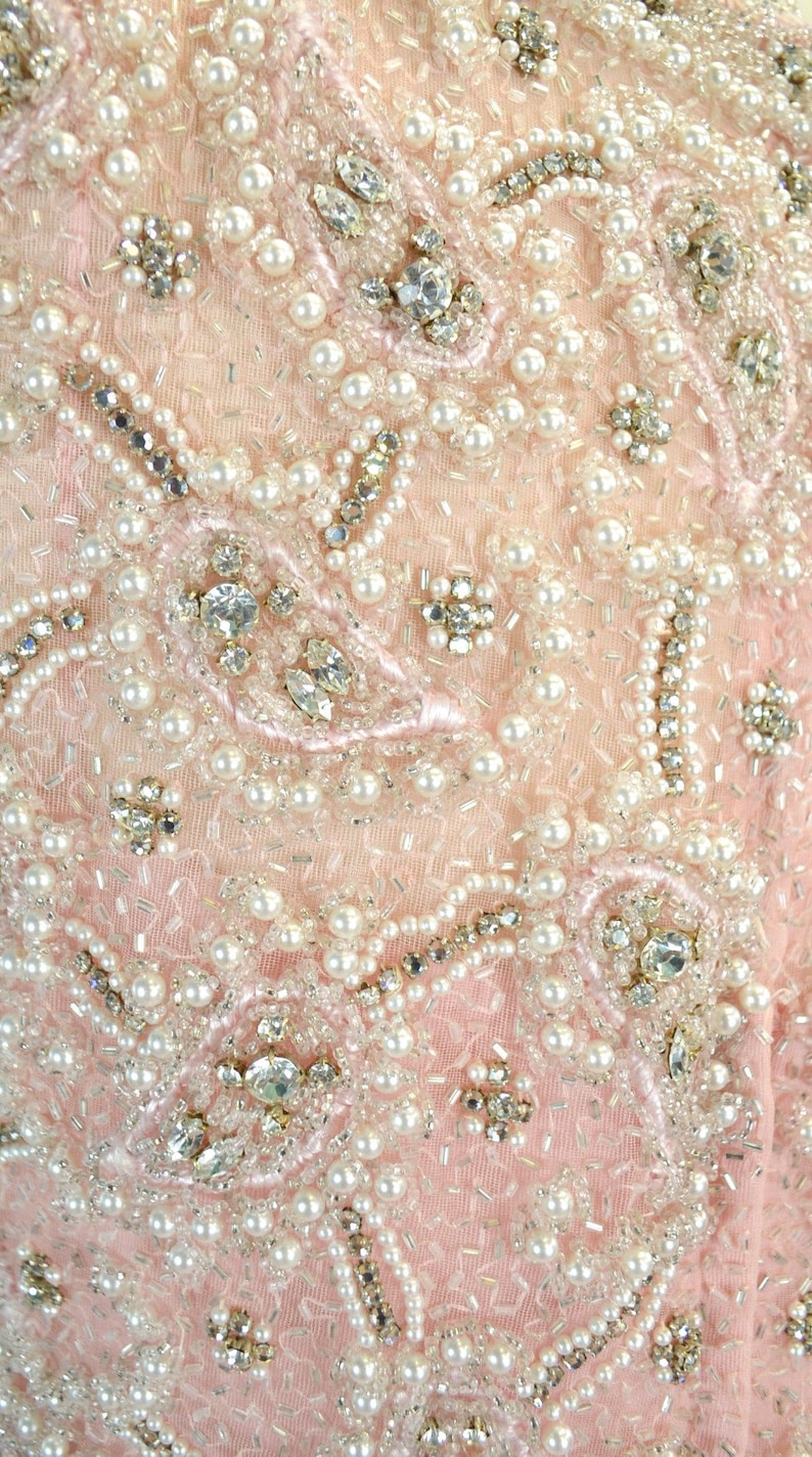 Extravagant Beaded Silk Bustle Gown XS S Vintage 1960s Pink Bejeweled Dress Rhinestone Pearls Makoff image 7