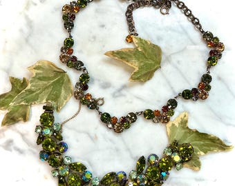 1950s Regency Viridescent Rhinestone Bracelet Necklace ~ Vintage Lush Green Glass Stones Set