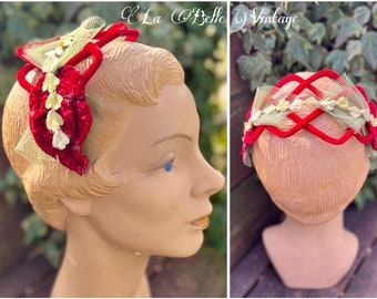 Red Velvet Casque ~ Vintage Floral & Tulle Trim Hatlet ~ 1950’s Headband Hat