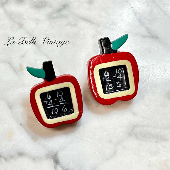 Novelty Red Apple Chalkboard Earrings ~ Hand Painted Wood Pierced Teacher Gift Unworn Original Card