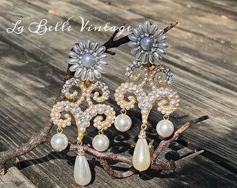 Bellini Huge Vintage Chandelier Earrings ~ Large Gold Dangle Pearls Crystal Rhinestones ~ 4" Long