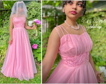 Cotton Candy Pink Princess Chiffon Gown M 37B 29W ~ Vintage Sheer Fairytale Maxi Dress ~ Spaghetti Straps ~ Matching Crinoline Slip