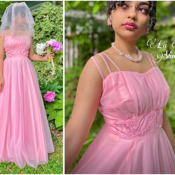 Cotton Candy Pink Princess Chiffon Gown M 37B 29W ~ Vintage Sheer Fairytale Maxi Dress ~ Spaghetti Straps ~ Matching Crinoline Slip