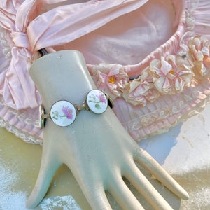 Gold Vermeil Sterling Bracelet Vintage 1920s Hand Painted Pink Aster Milady Floral Bracelet image 4