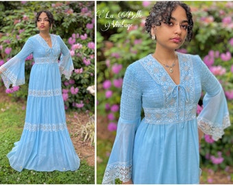 Something Blue ~ 1970s Bell Sleeve Voile Gown S M ~ Vintage Bohemian Sheer Maxi Dress ~ Floral Lace ~ Matching Monet Jewelry Set