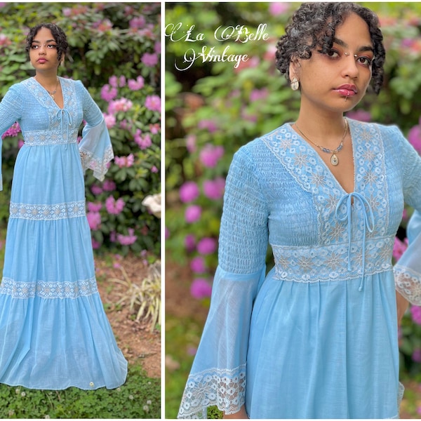 Something Blue ~ 1970s Bell Sleeve Voile Gown S M ~ Vintage Bohemian Sheer Maxi Dress ~ Floral Lace ~ Matching Monet Jewelry Set