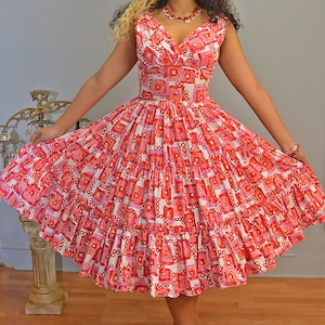 1950s Novelty Print Patio Pinup Dress S Vintage Mr Mike Sundress Full Circle Skirt