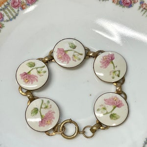 Gold Vermeil Sterling Bracelet Vintage 1920s Hand Painted Pink Aster Milady Floral Bracelet image 5