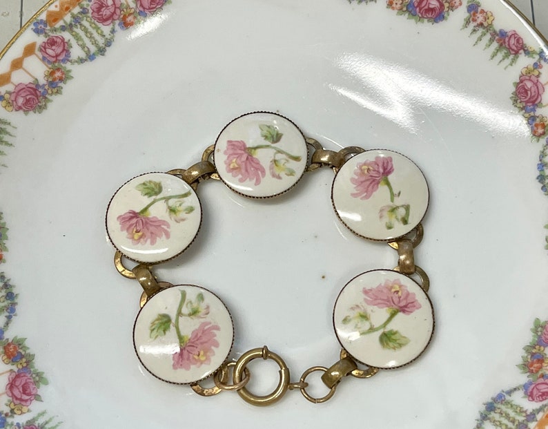 Gold Vermeil Sterling Bracelet Vintage 1920s Hand Painted Pink Aster Milady Floral Bracelet image 5