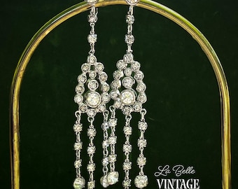 Vintage Rhinestone Chandelier Earrings ~ Art Deco Dangle Drop ~ Bridal Statement Earrings ~ Screw Back Silver Tone Glamour Jewelry