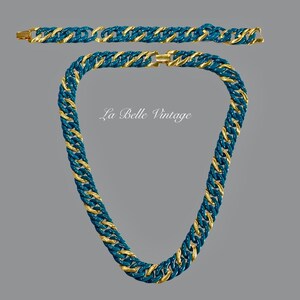 Conjunto de collar y pulsera de eslabones cubanos esmaltados en color verde azulado Napier ~ Cadena tipo curb vintage en tono dorado