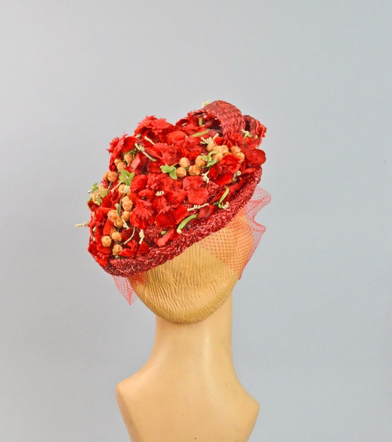 Red Velvet Berries Hat ~ Vintage 50s Plaited Straw Floral Chapeau ~ Birdcage Veil ~ Ethel Frank of NY View 4