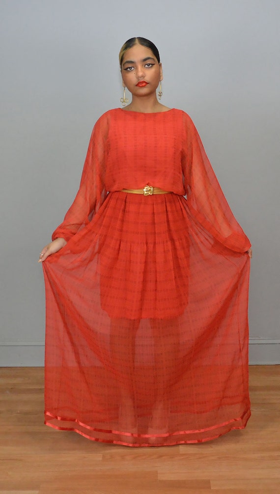 Victor Costa Vintage Red Sheer Maxi Party Dress S… - image 3