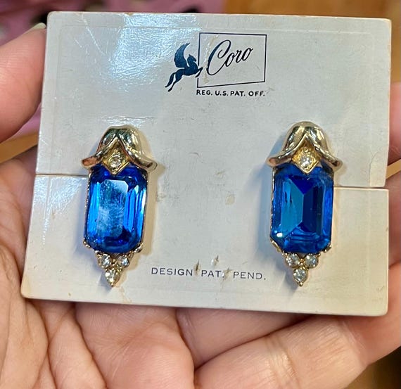1940s Coro Blue Rhinestone Earrings NOS ~ Patent … - image 2