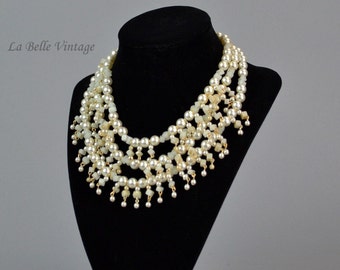 Hattie Carnegie Ivory Pearl Necklace Vintage 1950s Multistrand Layered Bib Necklace