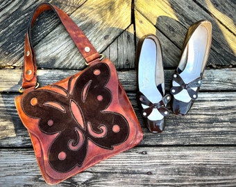 The Butterfly Effect ~ Vintage 1960s Hand Tooled Leather Bag ~ Suede Butterfly Detail ~ Italian Handcrafted Handbag ~ Adjustable Crossbody