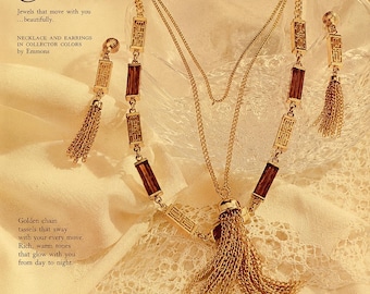 Emmons Tassel Necklace Set ~ Vintage Gold Statement Jewelry ~ Boho Luxe Resort Wear ~ Asian Lantern Fringe Earrings