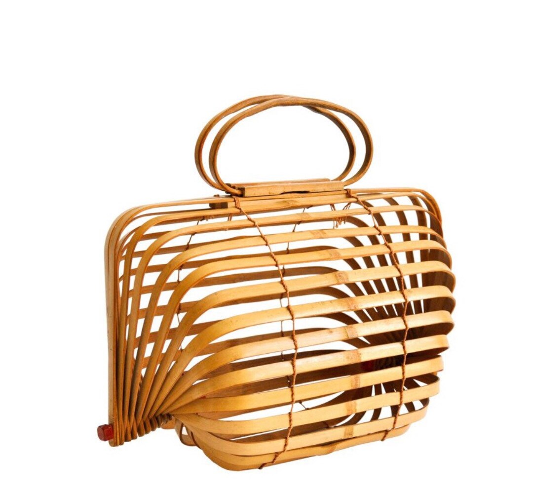 Vintage 40s Bamboo Accordion Purse 1940s Fish Basket Folding Bag