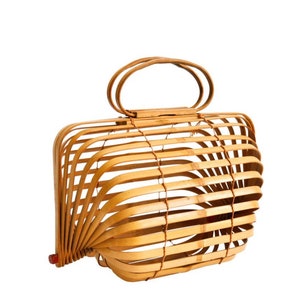 Vintage 40s Bamboo Accordion Purse 1940s Fish Basket Folding Bag Occupied Japan Slat Handbag image 2