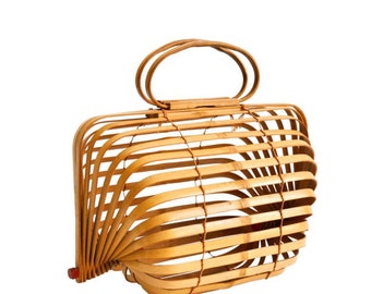 Vintage 40s Bamboo Accordion Purse 1940s Fish Basket Folding Bag ~ Occupied Japan Slat Handbag