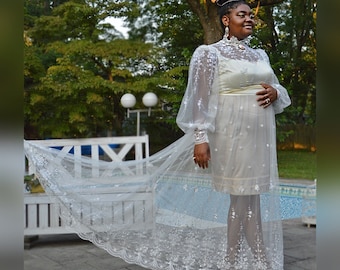 1970s Wedding Gown by Phyllis Bianchi ~ Vintage Victorian Inspired Embroidered Net Dress ~ Empire Waist Bridal Rare Size L XL