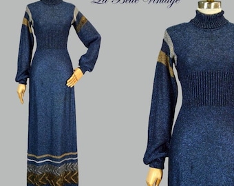 Wenjilli Long Sweater Dress XS S ~ Vintage 1970’s Metallic Lurex Blue Glitter Knit Gown