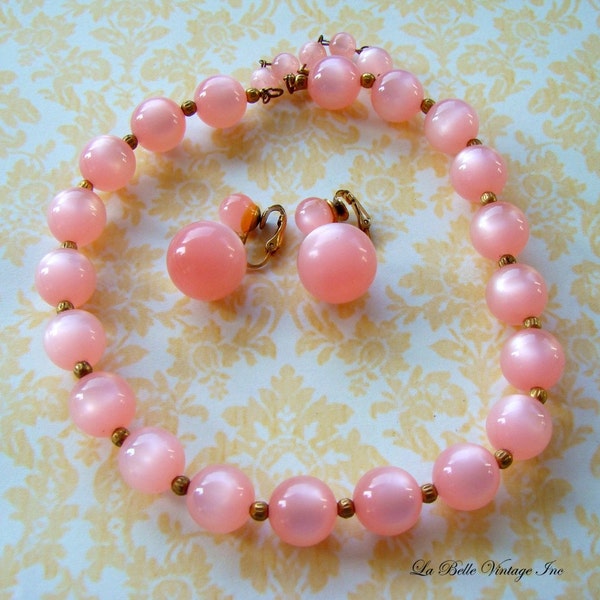 Vintage 50s Necklace Earrings - Luminous Pink Moonglow Lucite