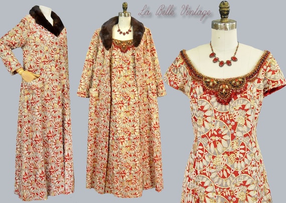 Vintage Red Gold Beaded Brocade Gown Opera Coat S