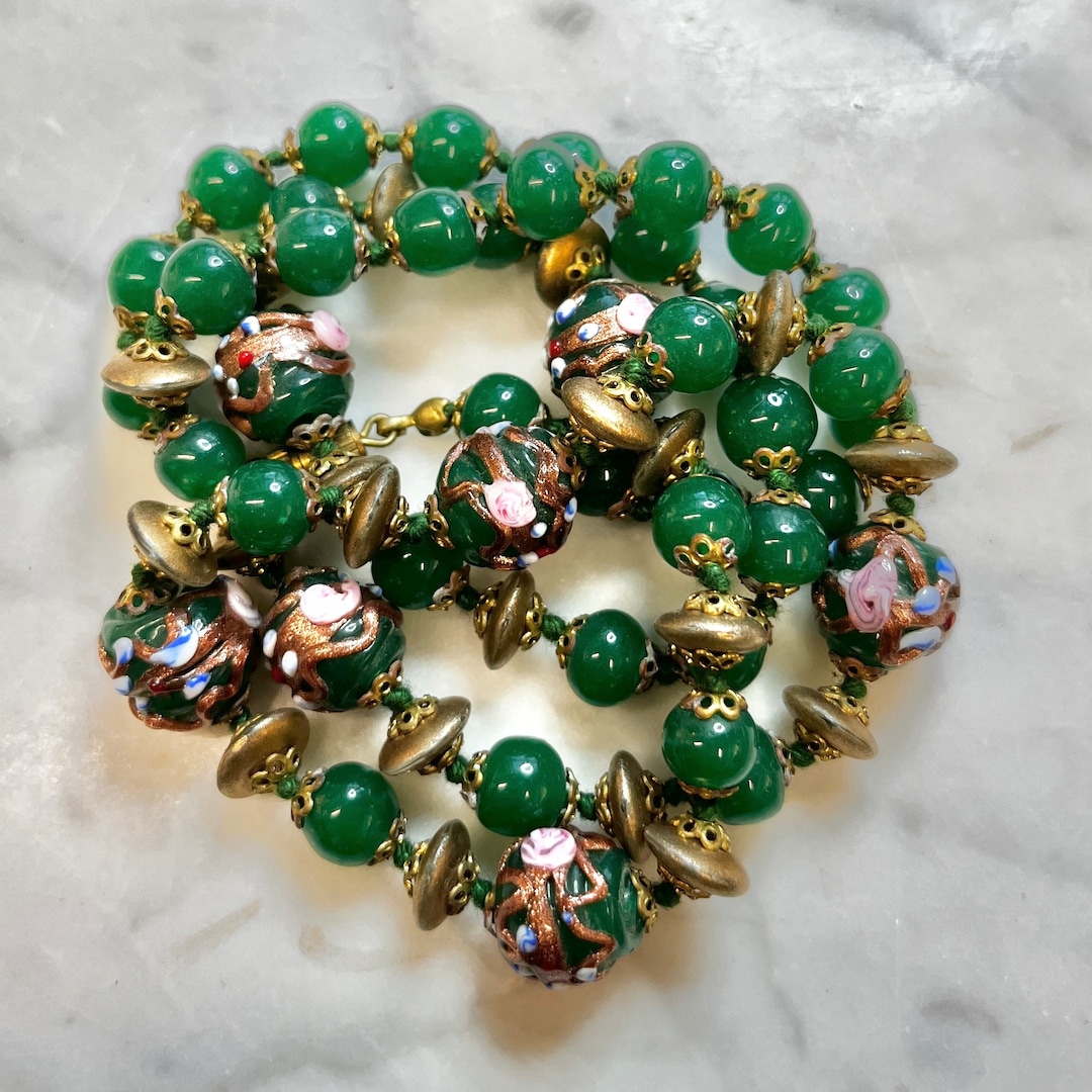 Vintage Green Jade Glass Necklace Hand Knotted Venetian Wedding
