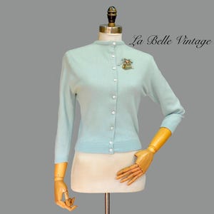 50s Lyle & Scott Scotland Dusky Blue Cashmere Cardigan ~ Vintage Soft Sweater S ~ Matching Puppy in a Basket Pin