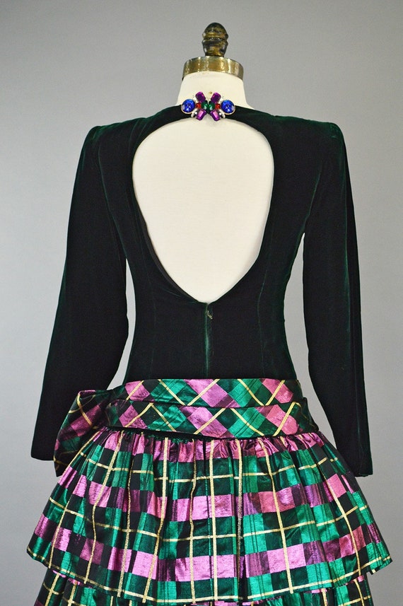 Vtg 80s 90s 'Social Circles' Green Velvet Cowl Neck Stretch Party Dress UK 14