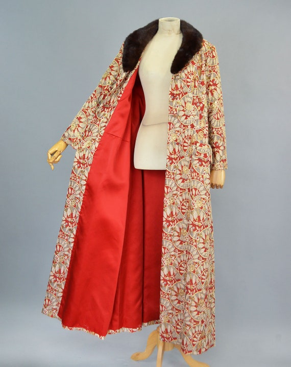 Vintage Red Gold Beaded Brocade Gown Opera Coat S… - image 9