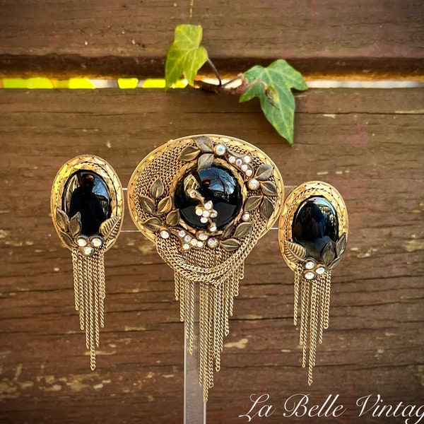 Marena West Germany Brooch Earrings Set ~ Vintage Eros Black Onyx 18K GP Fringe Pin Pendant ~ Handmade ~ Austrian Crystal Rhinestones