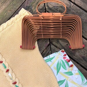 Vintage 40s Bamboo Accordion Purse 1940s Fish Basket Folding Bag Occupied Japan Slat Handbag image 5