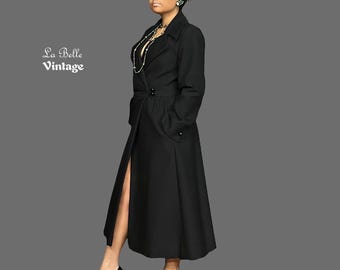 1970s Black Wool Wrap Coat Dress S M ~ Plunging V Neckline ~ Youthcraft Deadstock Vintage