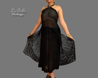 Rare 1920s Sheer Beaded Chiffon Dress & Purse ~ Flapper Evening Gown Antique Black Satin Handbag Set S M